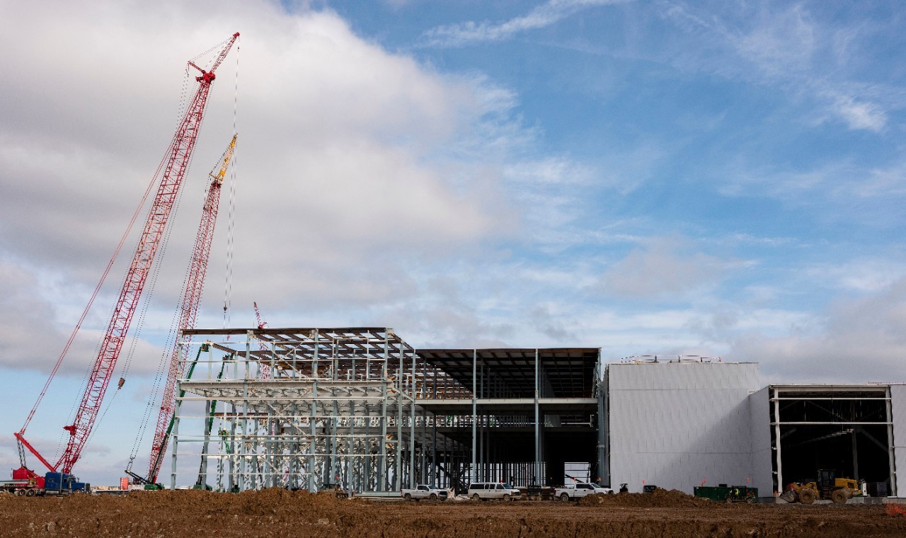 Side view of Blue Oval City manufacturing plant under construction