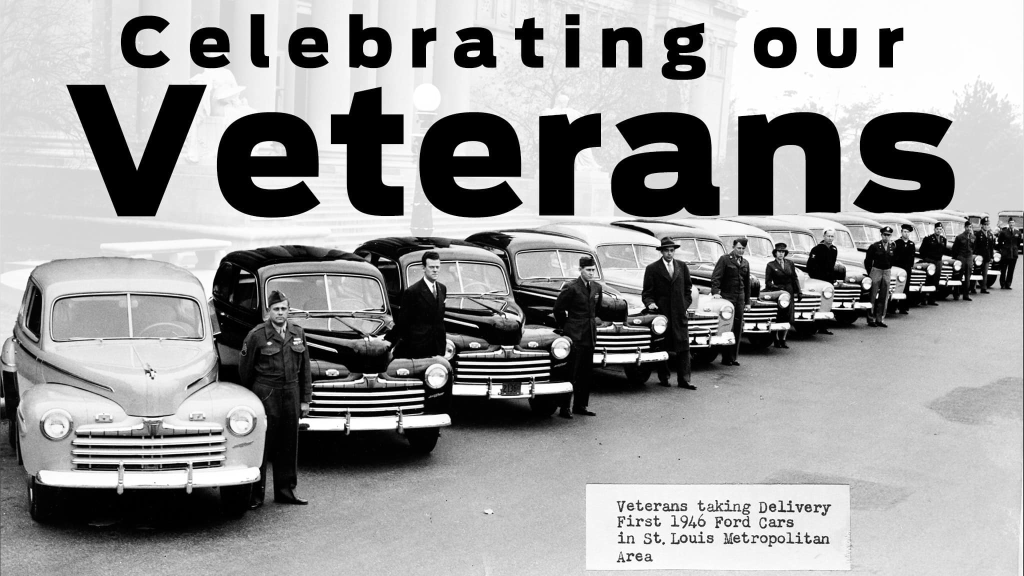 Black and white photo of veterans lined up next to Ford cars from 1946